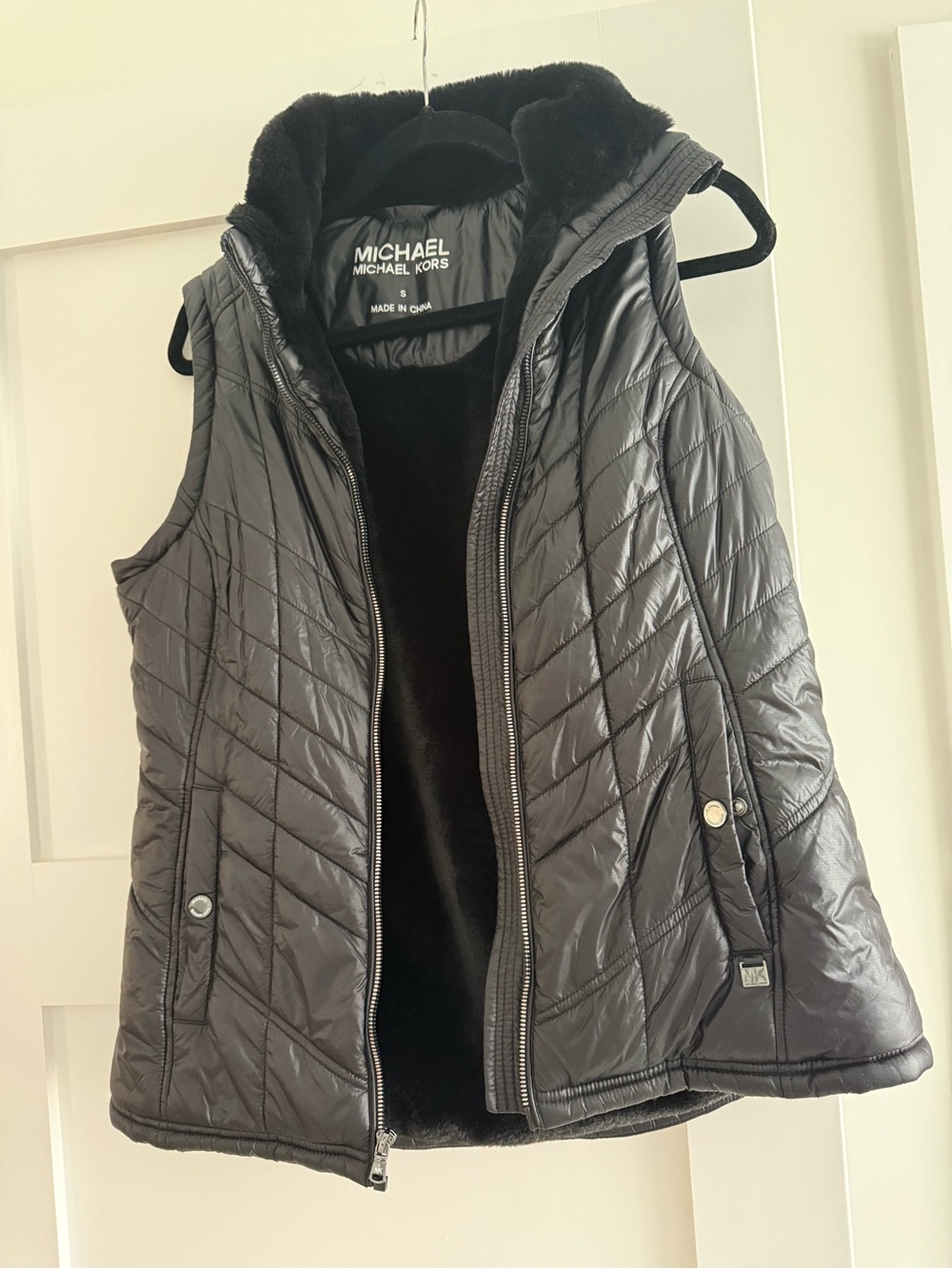 Michael Kors Black Quilted Hooded Vest with Plush Lining
